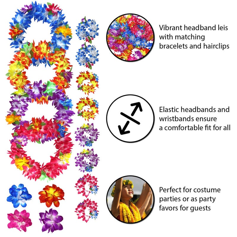 Millennial Essentials 16 Piece Set Hawaiian Flower Leis Headband, Bracelet and Hair Clips for Luau Party Favors, Decoration Supplies - Image 2